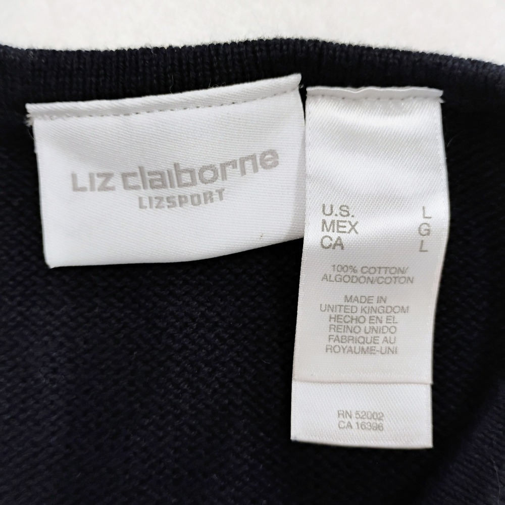 Liz Claiborne L Large Cardigan Sweater Navy Blue Argyle 100% Cotton Womens - Picture 3 of 8
